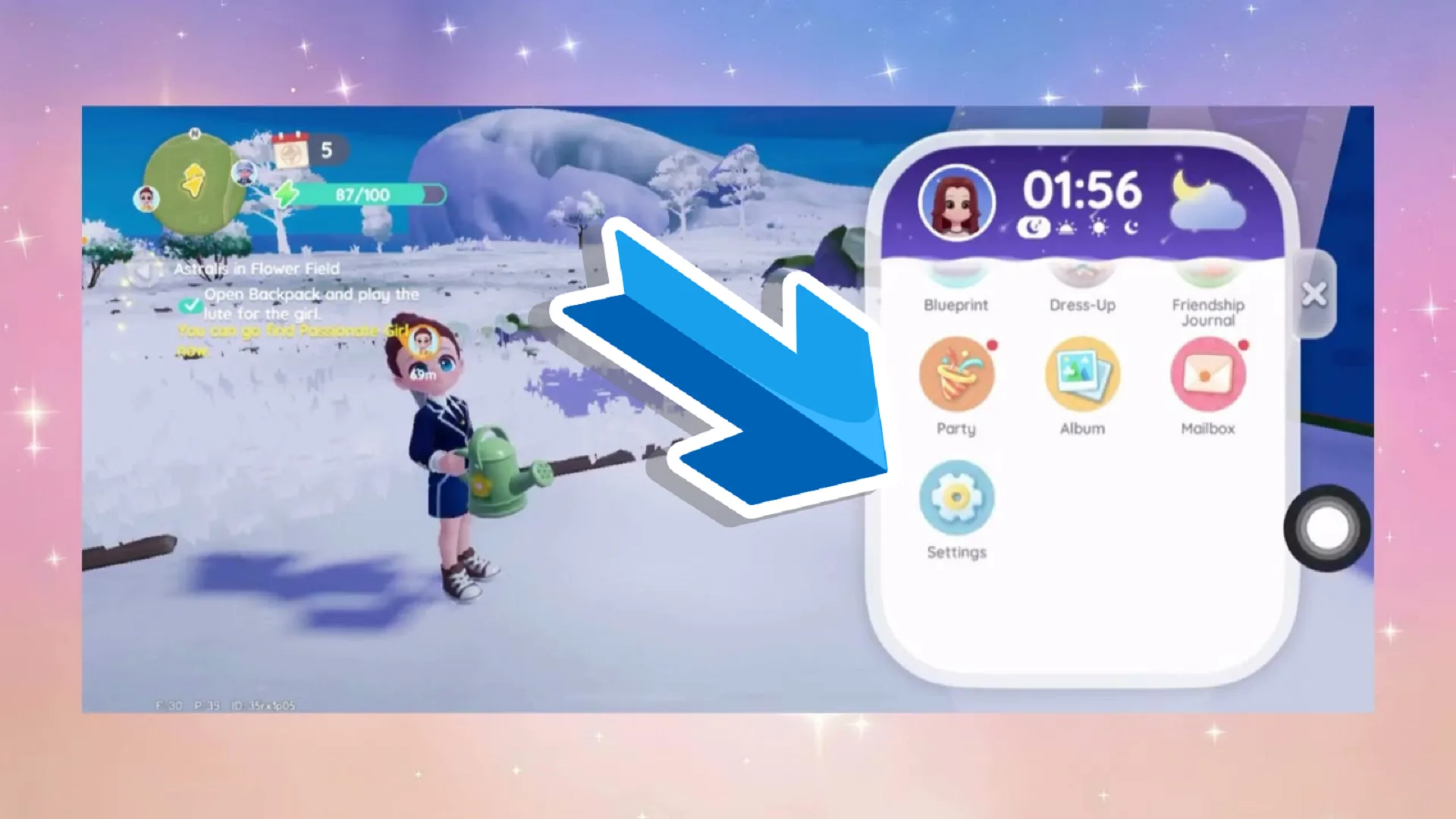 Heartopia gameplay screenshot showing island with snow effects disabled during Winter Frost season 2026 for smoother performance and reduced lag