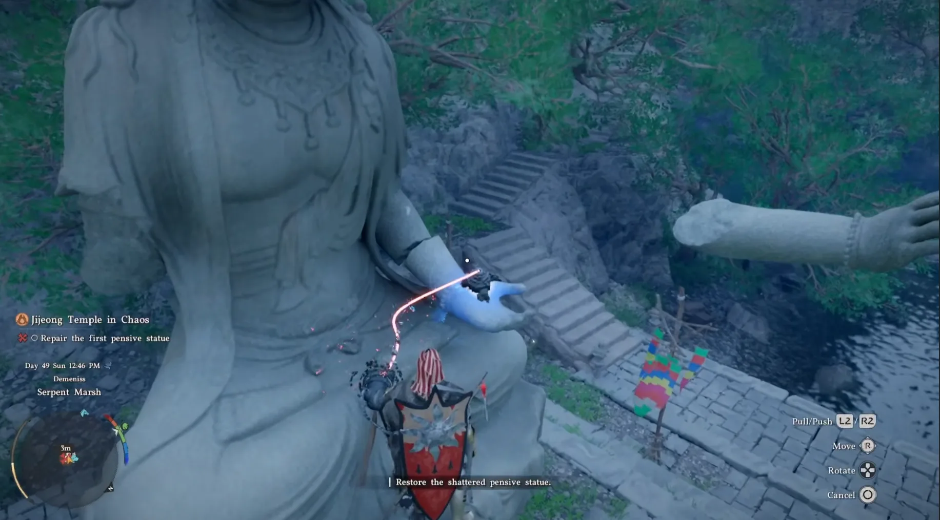 Correct position for the left hand of the first pensive statue in Crimson Desert